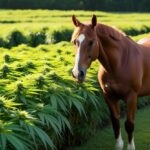 A horse at the edge of a hemp field