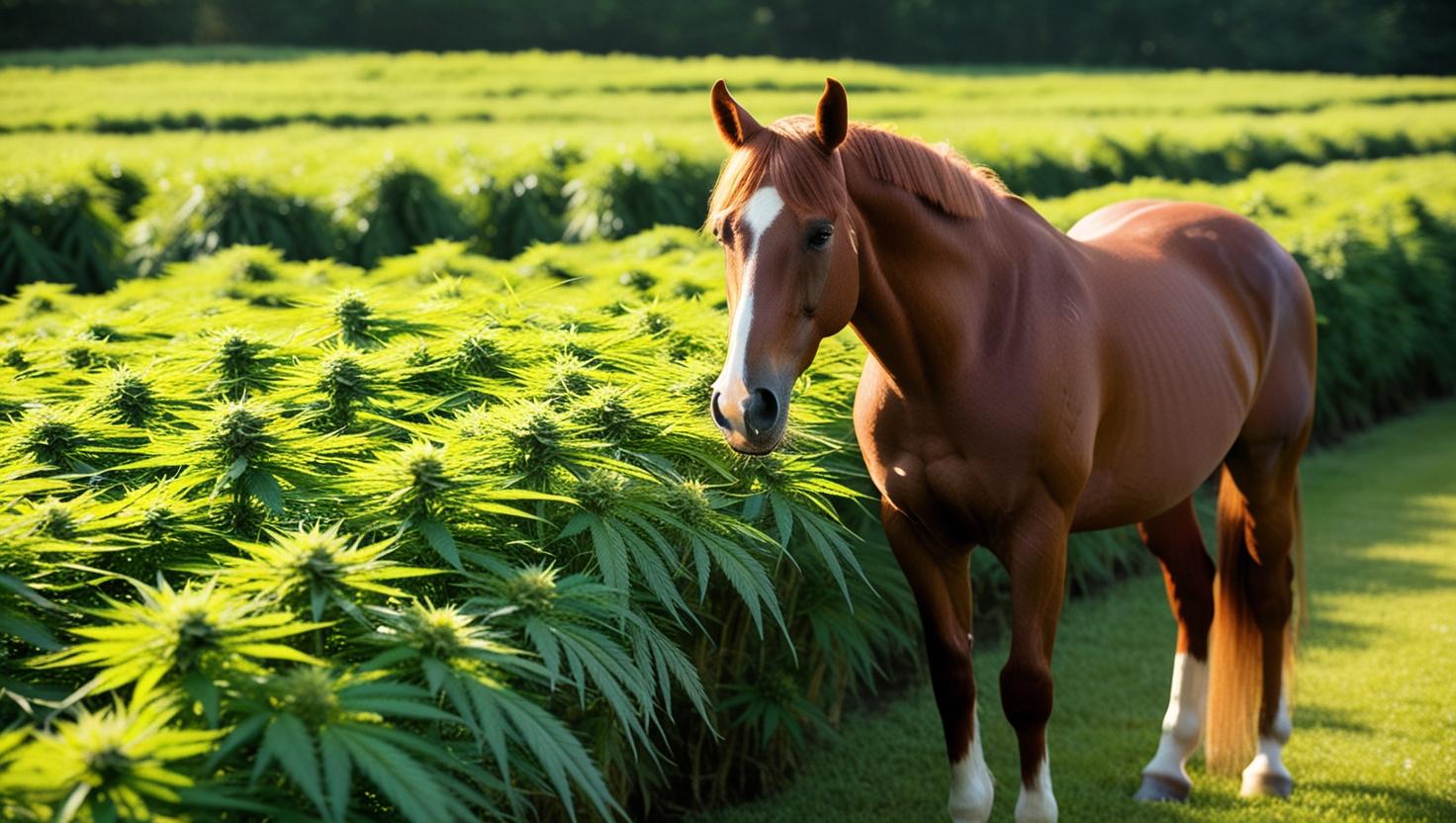 A horse at the edge of a hemp field